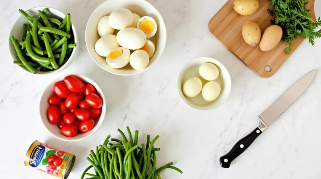 Prepped ingredients for Tuna Niçoise Salad, including cherry tomatoes, boiled eggs, potatoes, green beans, and tuna, on a cutting board.
