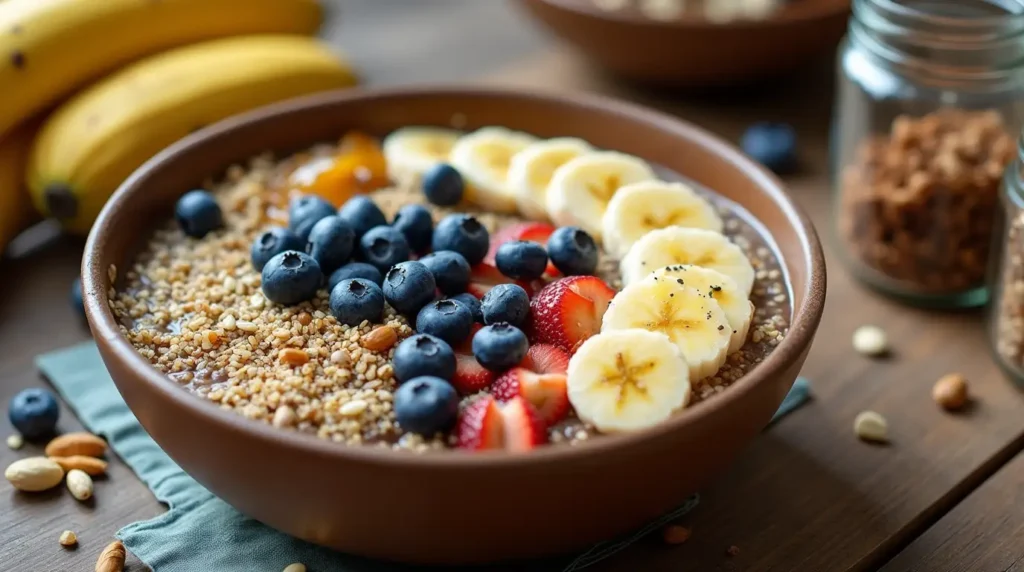 A portable breakfast wrap filled with quinoa, fresh strawberries, bananas, and almond butter, perfect for busy mornings.