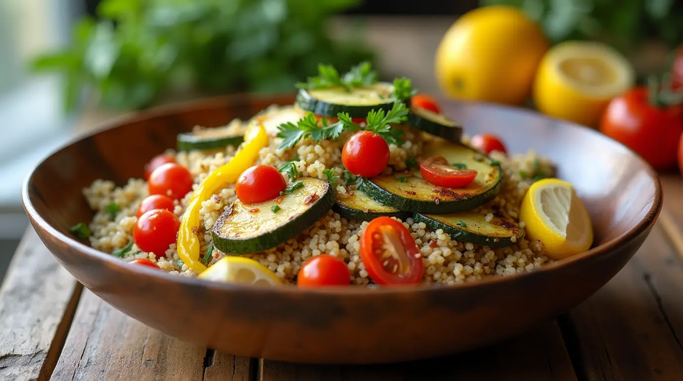 A rustic bowl of quinoa and roasted vegetable salad with zucchini, bell peppers, cherry tomatoes, and parsley, garnished with lemon slices.