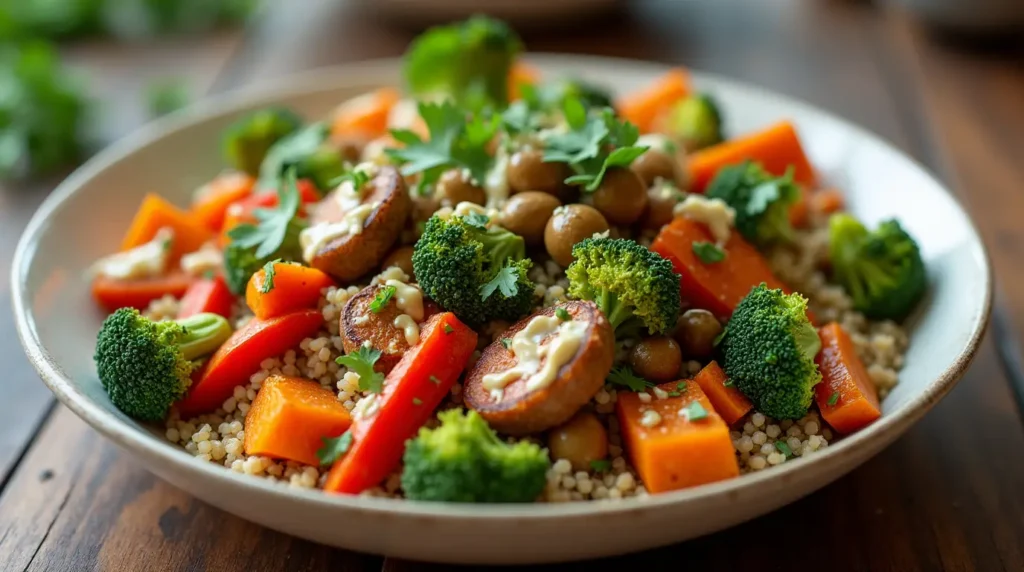 Roasted veggie quinoa bowl with sweet potatoes, broccoli, and peppers, garnished with tahini dressing and fresh parsley.