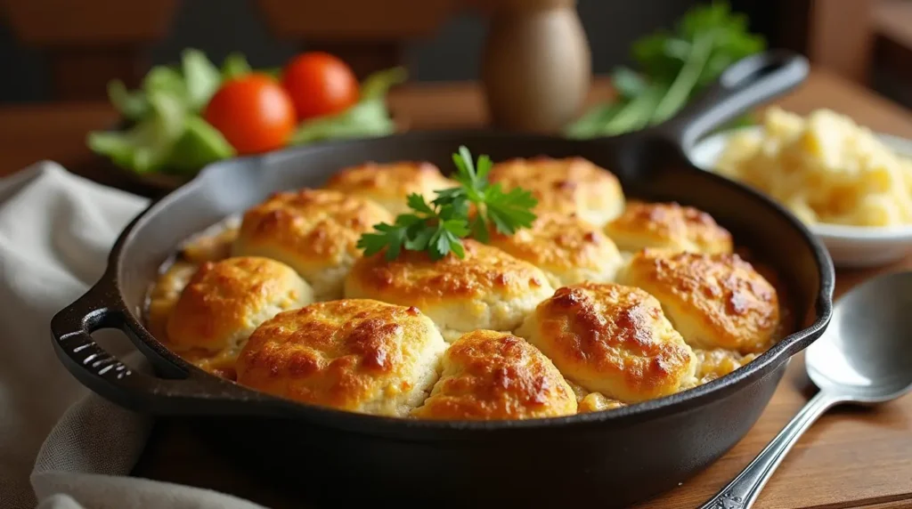 Southern-style Chicken Cobbler in a cast-iron skillet with golden biscuit topping and creamy filling, placed on a rustic wooden table.