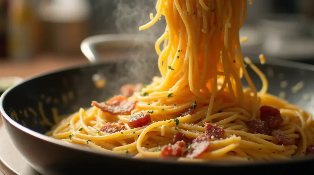Spaghetti tossed in a skillet with creamy Carbonara sauce, turkey bacon, and cheese.