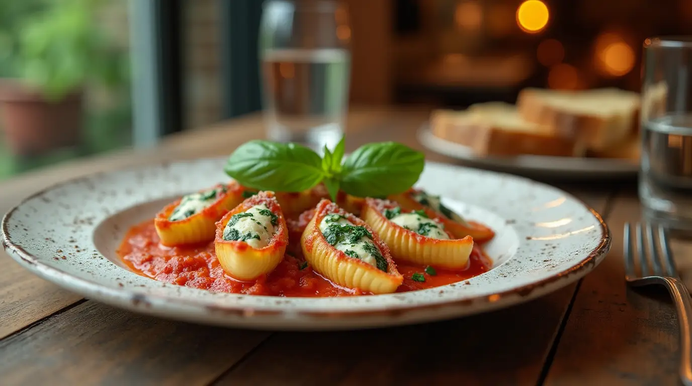 Spinach and ricotta stuffed shells garnished with fresh basil, served on a rustic table alongside garlic bread and a glass of water.