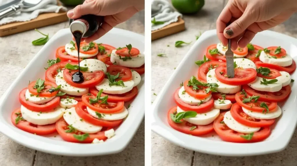 The process of assembling a Caprese salad with slices of tomato and mozzarella layered on a white platter, topped with fresh basil and a drizzle of balsamic glaze.