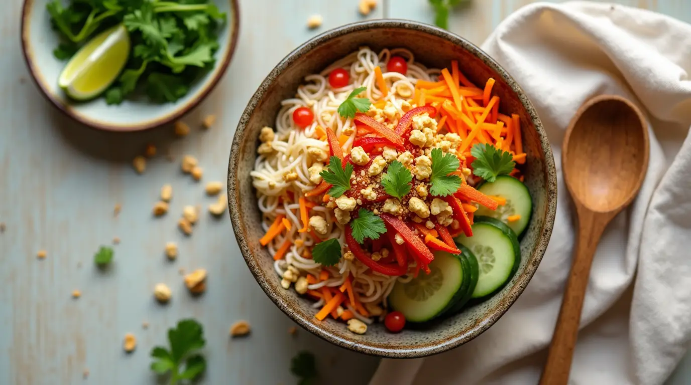 Overhead view of Thai Peanut Noodle Salad in a rustic ceramic bowl, with rice noodles, creamy peanut sauce, fresh vegetables, and garnishes.