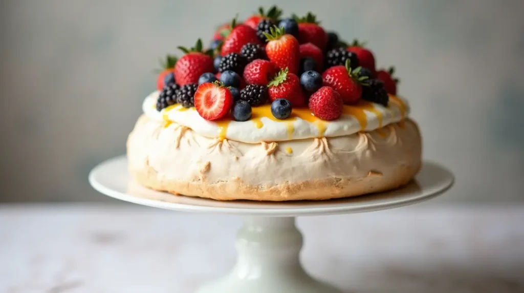 A beautifully presented pavlova on a white cake stand, topped with whipped cream, fresh berries, and a drizzle of passionfruit sauce.