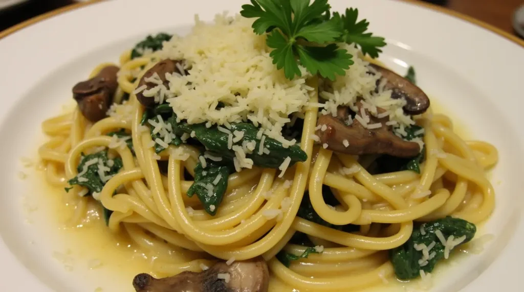 Mushroom and spinach pasta in a creamy sauce, topped with Parmesan and fresh parsley.
