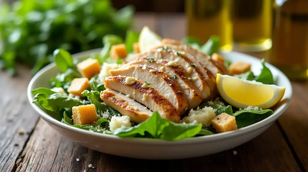 Freshly plated Grilled Chicken Caesar Salad with lettuce, chicken, croutons, Parmesan, and dressing on a wooden table