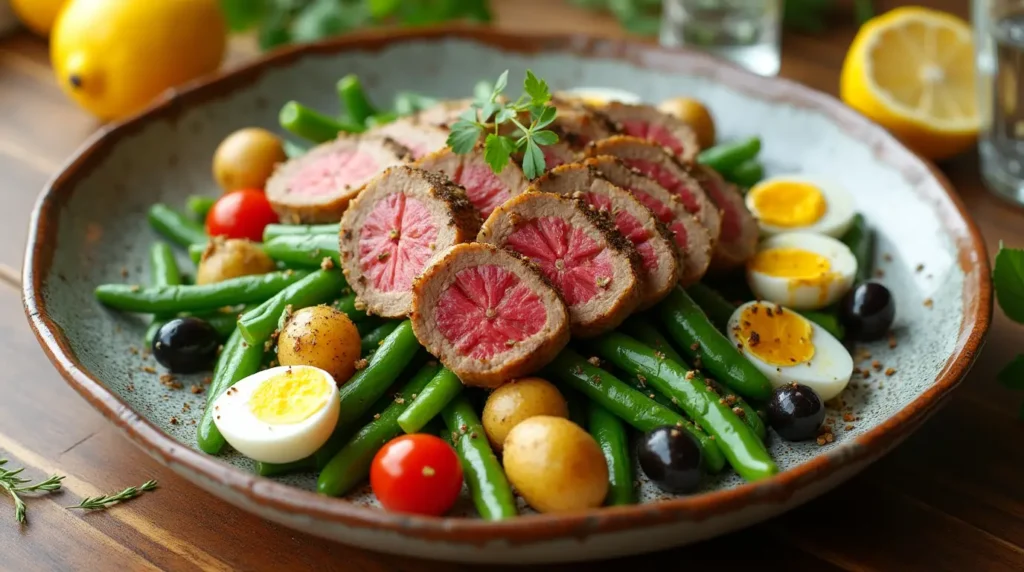 A beautifully plated Tuna Niçoise Salad with green beans, cherry tomatoes, boiled eggs, potatoes, olives, and seared tuna slices, drizzled with olive oil dressing on a ceramic plate.