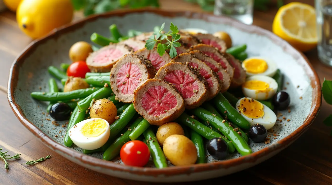 A beautifully plated Tuna Niçoise Salad with green beans, cherry tomatoes, boiled eggs, potatoes, olives, and seared tuna slices, drizzled with olive oil dressing on a ceramic plate.
