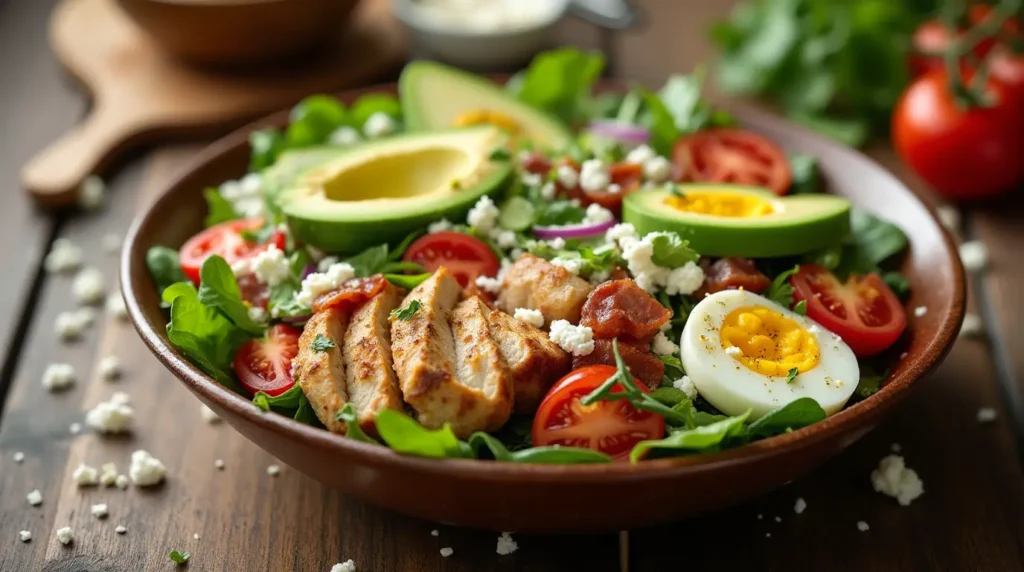 A beautifully arranged Cobb salad on a rustic wooden table, featuring vibrant greens, grilled chicken, sliced avocado, hard-boiled eggs, cherry tomatoes, turkey bacon, and crumbled feta cheese, drizzled with vinaigrette.