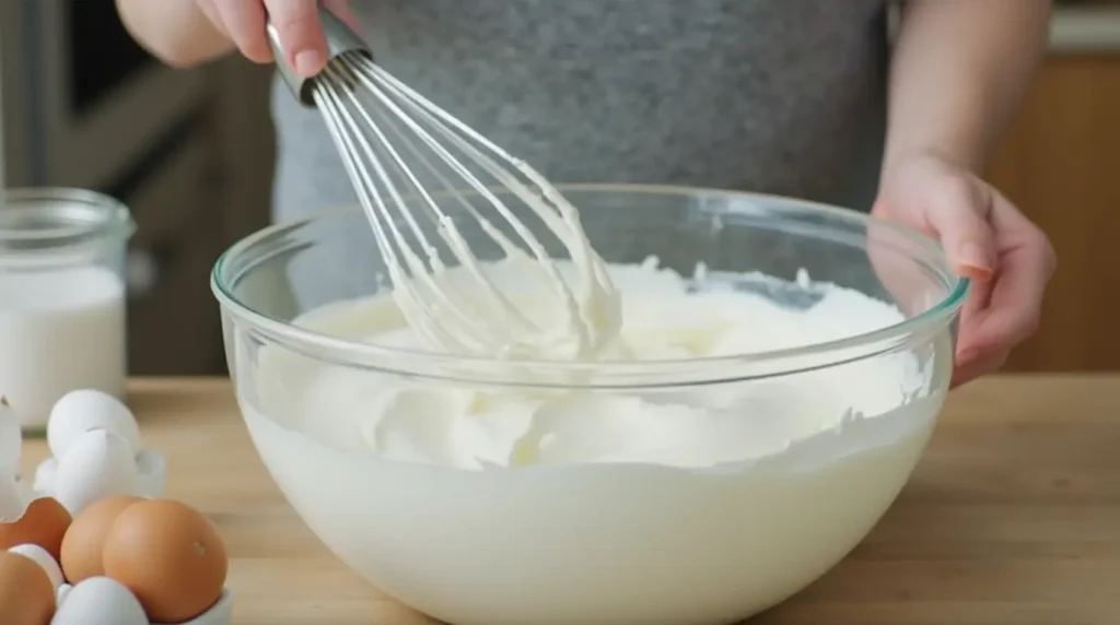A close-up of a baker whipping egg whites into glossy stiff peaks in a glass bowl, with baking tools and ingredients on a countertop.