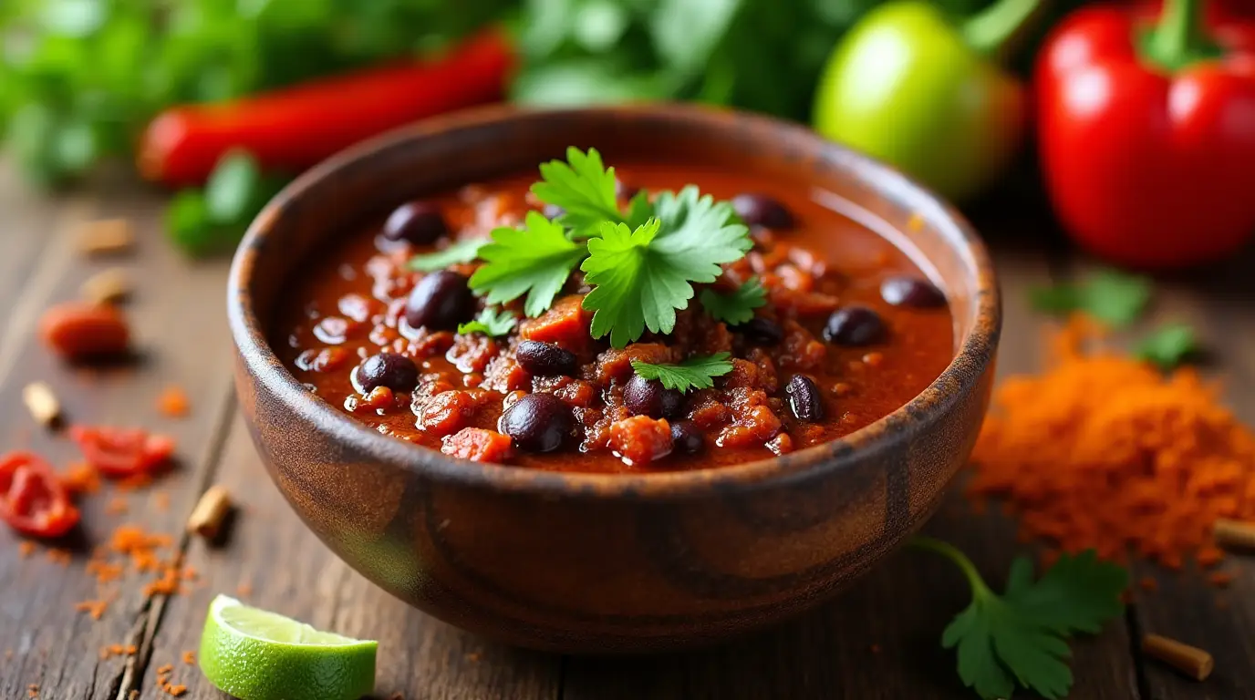 A bowl of hearty chili made with black beans, garnished with cilantro and lime, surrounded by chili spices on a rustic table.