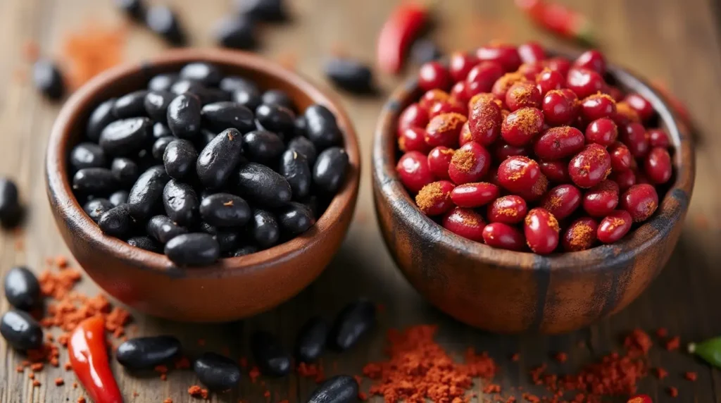 Black beans and kidney beans side-by-side in rustic bowls with chili spices on a wooden table.