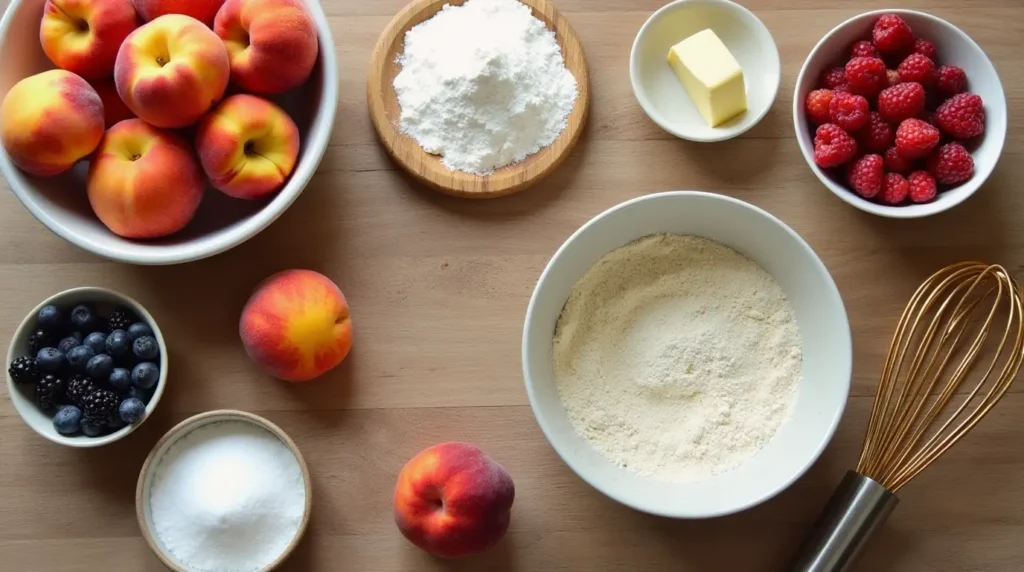 Flat-lay of cobbler ingredients, including fresh fruits, flour, sugar, butter, and kitchen tools on a wooden countertop.