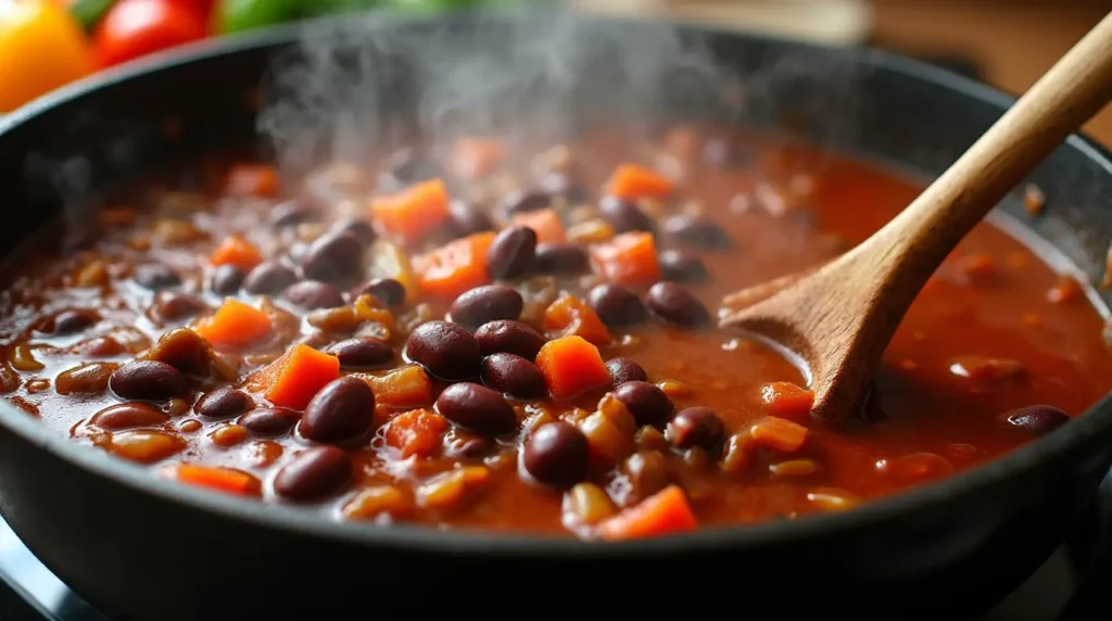 A steaming pot of black bean chili with vibrant vegetables being stirred with a wooden spoon.