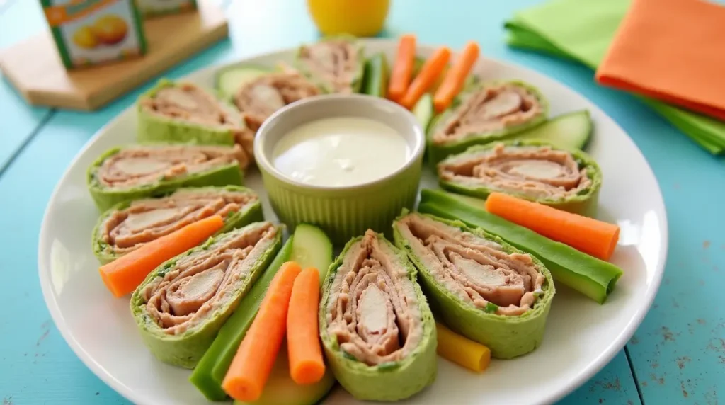 Turkey and avocado wrap pinwheels with vegetables and dipping sauce.