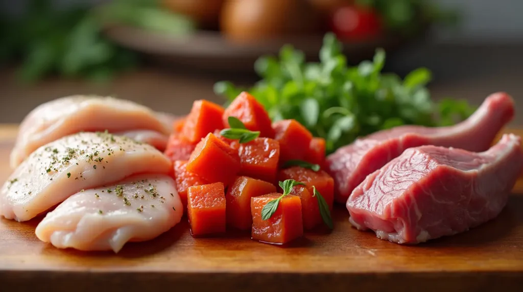 Defrosted marinated meat on a cutting board, ready for cooking with fresh herbs and spices.