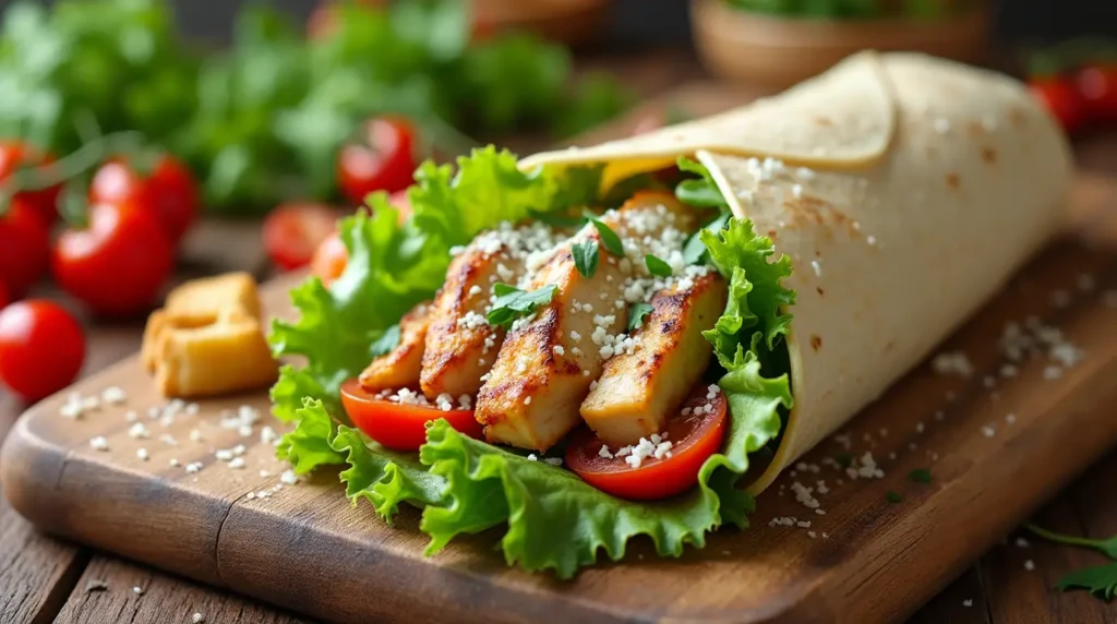 Chicken Caesar Wrap with fresh ingredients including lettuce, grilled chicken, Parmesan cheese, and Caesar dressing on a rustic wooden board.