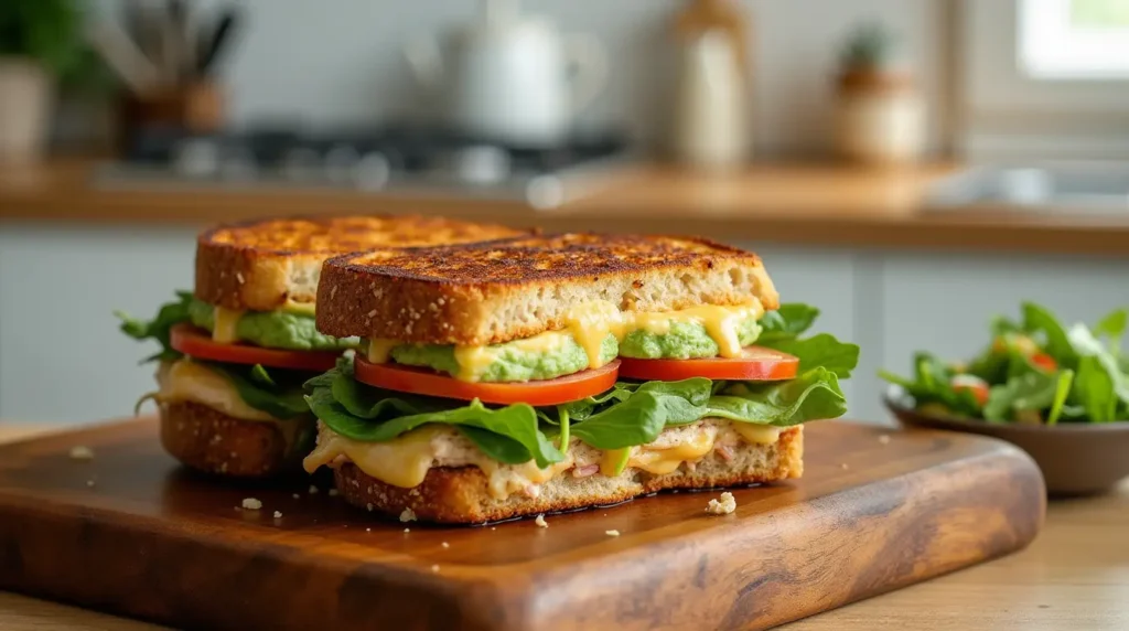 A healthy tuna melt sandwich on whole-grain bread with melted cheese, avocado, spinach, and tomatoes, served with a fresh salad.