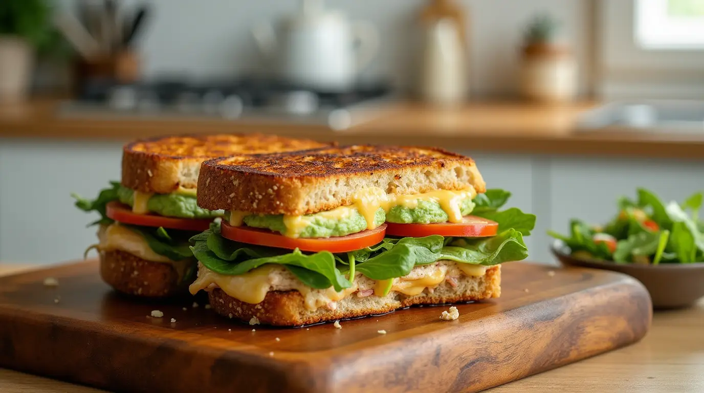A healthy tuna melt sandwich on whole-grain bread with melted cheese, avocado, spinach, and tomatoes, served with a fresh salad.