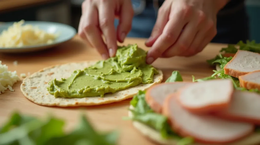 Close-up of turkey and avocado wrap being prepared with fresh ingredients.