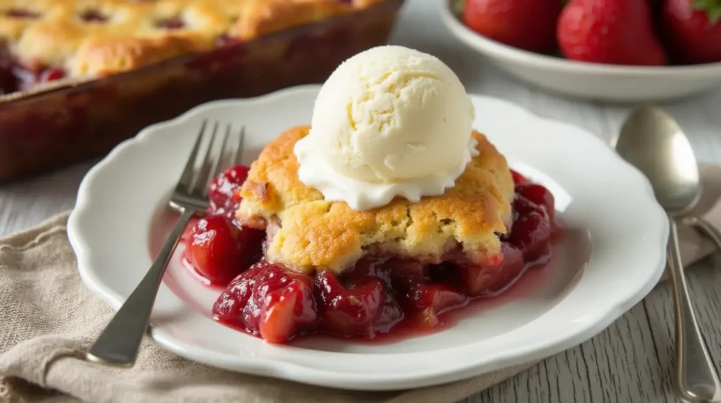 A serving of cobbler with golden crust, thick fruit filling, and vanilla ice cream melting slightly on a white plate.