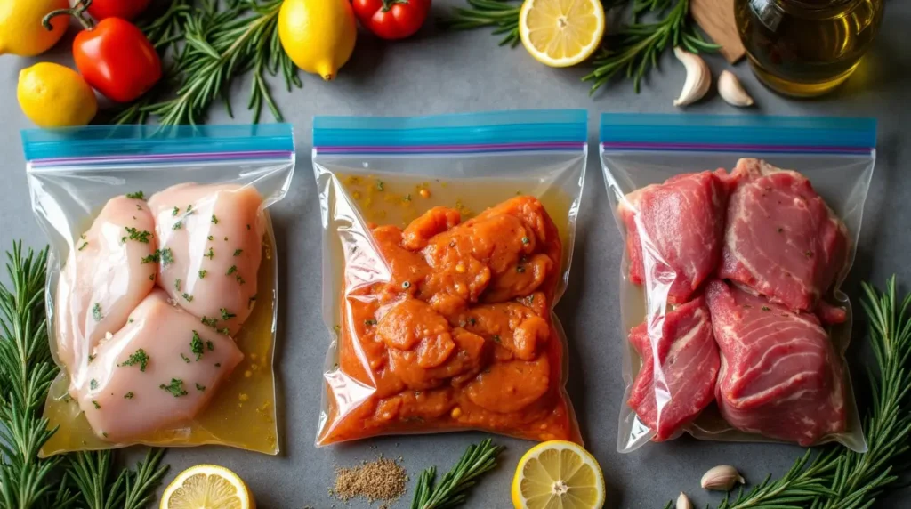 Marinated meat being prepped for freezing on a kitchen countertop with fresh herbs, garlic, and spices