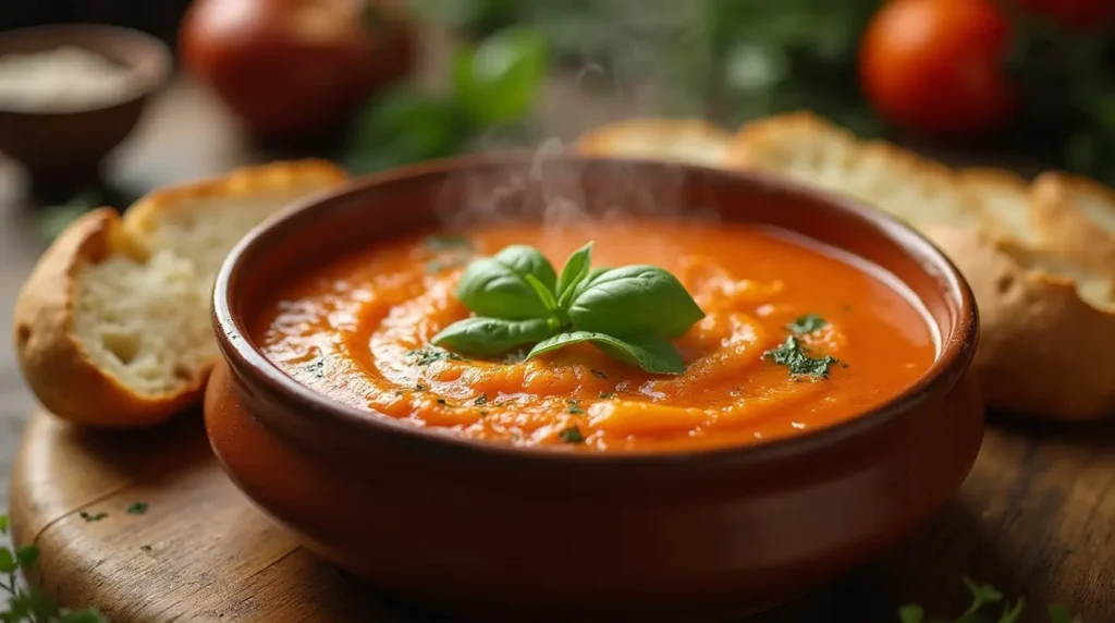 A bowl of creamy tomato basil soup garnished with fresh basil leaves, served with crusty bread on a wooden table.