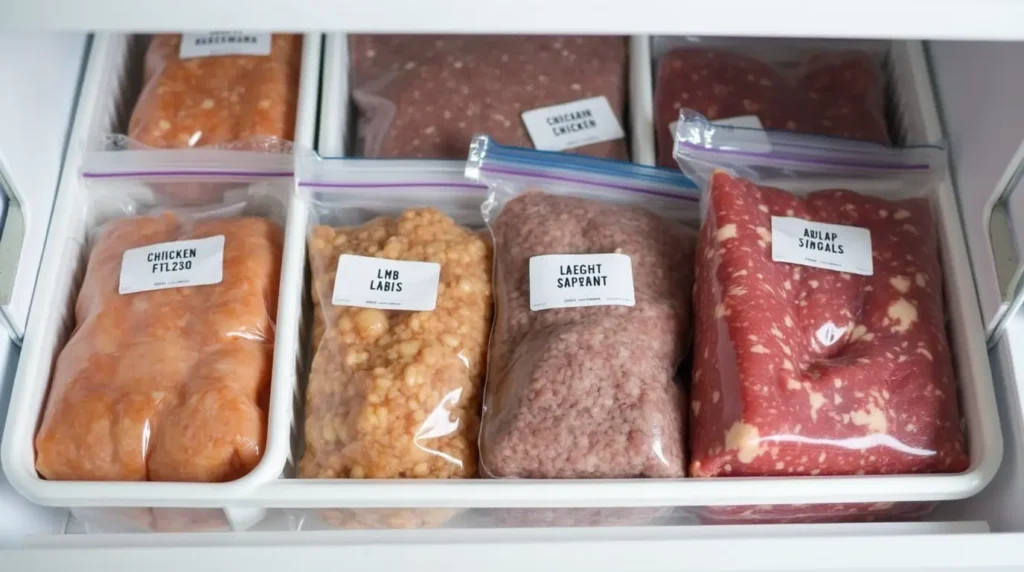 Freezer drawer with labeled bags of marinated meat for safe storage and easy access.