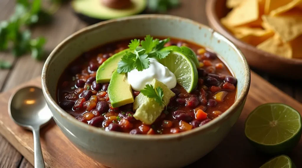 A plated bowl of black bean chili garnished with avocado, lime, sour cream, and cilantro, with tortilla chips on the side.