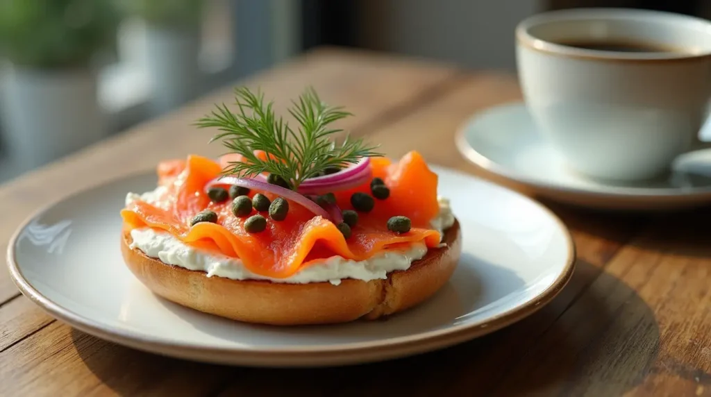 A smoked salmon and cream cheese bagel topped with capers, red onions, and dill, styled on a rustic wooden table with coffee