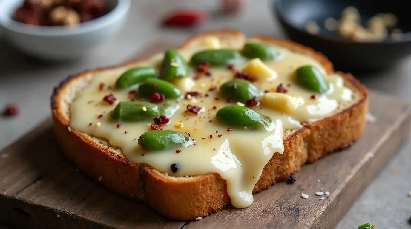 A slice of chilli garlic cheese toast with melted cheese, green chillies, garlic, and red chilli flakes on a rustic wooden board.