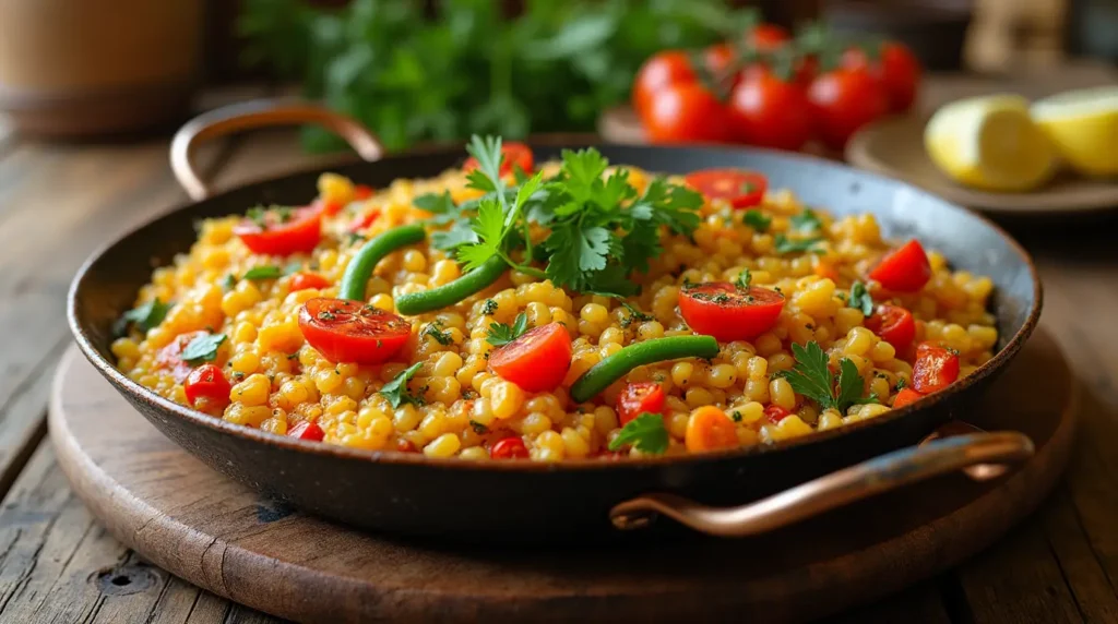 A colorful vegetable paella in a traditional pan, featuring bell peppers, green beans, and tomatoes, garnished with parsley and lemon wedges.