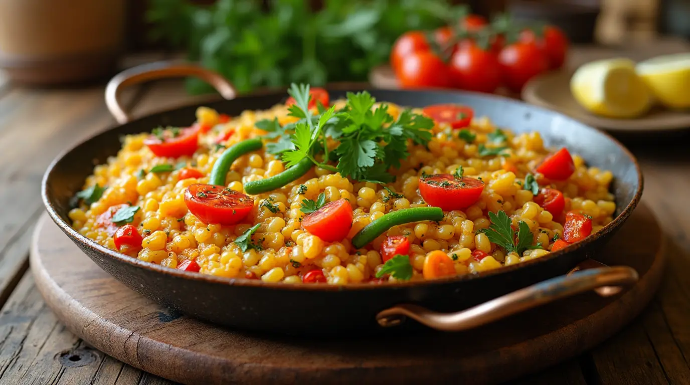 A colorful vegetable paella in a traditional pan, featuring bell peppers, green beans, and tomatoes, garnished with parsley and lemon wedges.
