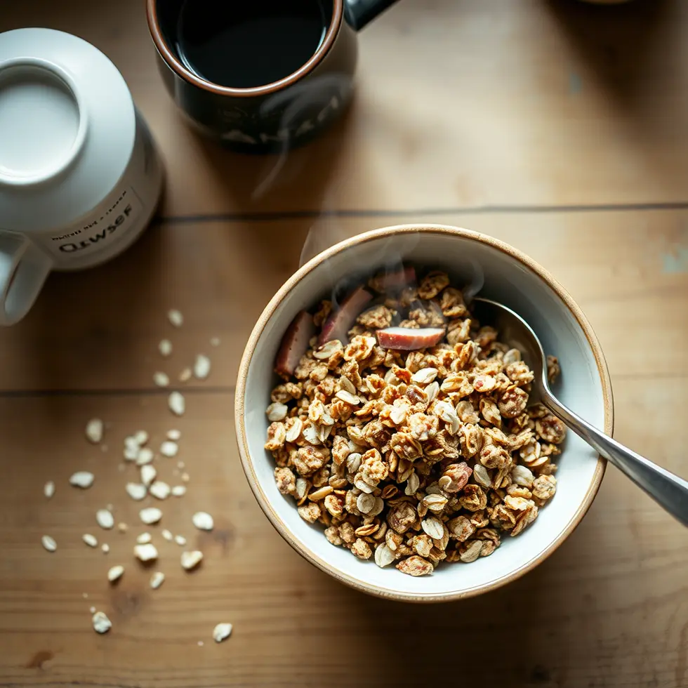 Homemade granola served in a cozy morning kitchen setting