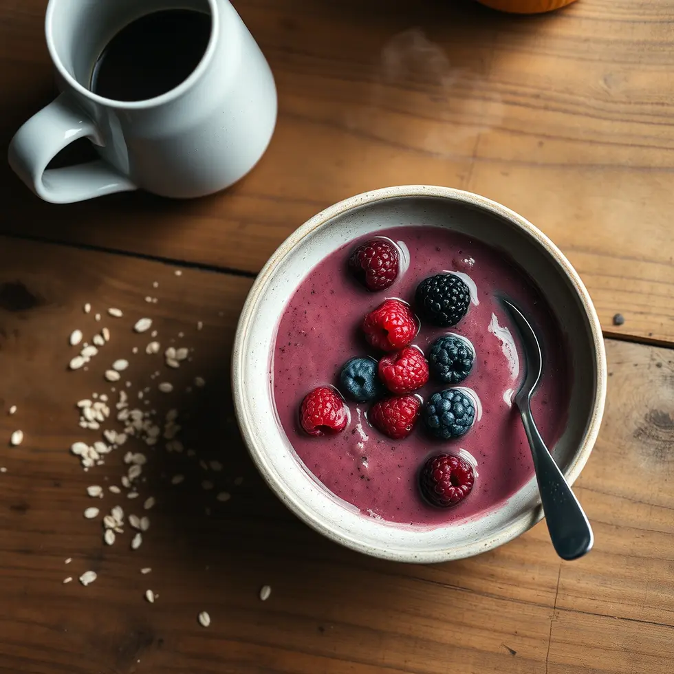 Homemade berry smoothie served in a cozy morning kitchen setting