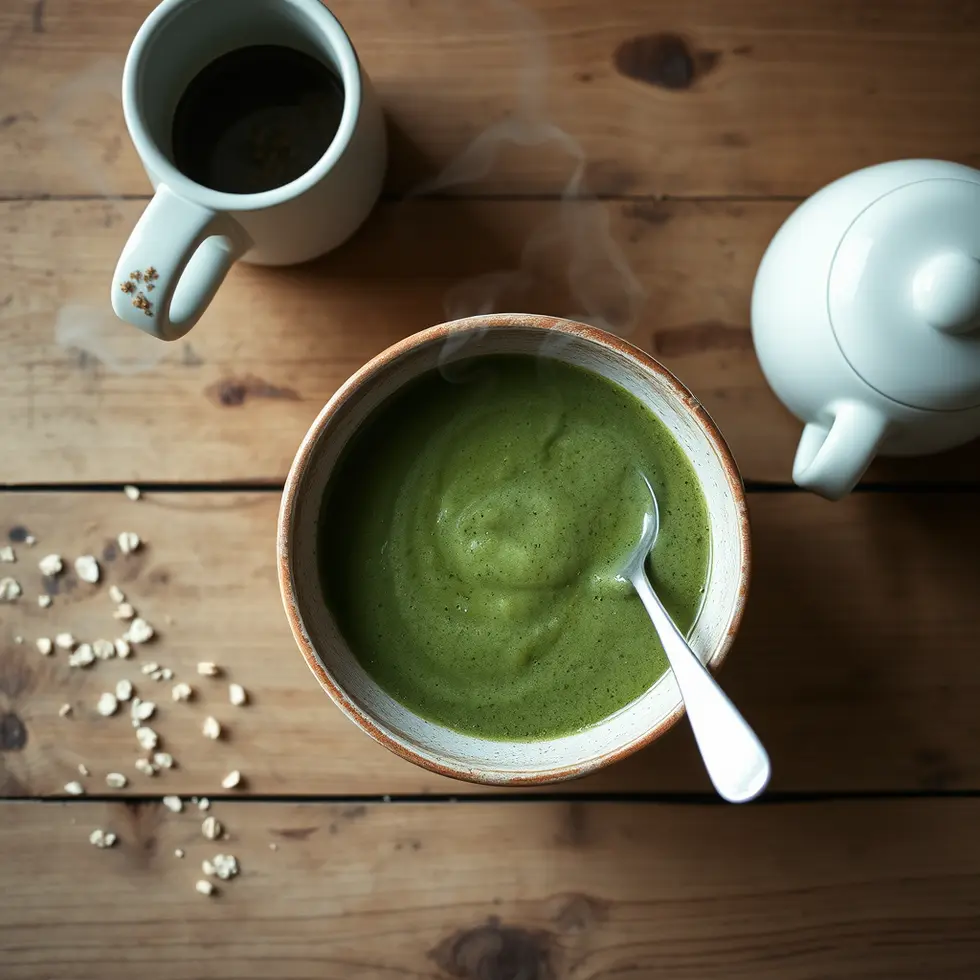 Homemade green smoothie served in a cozy morning kitchen setting