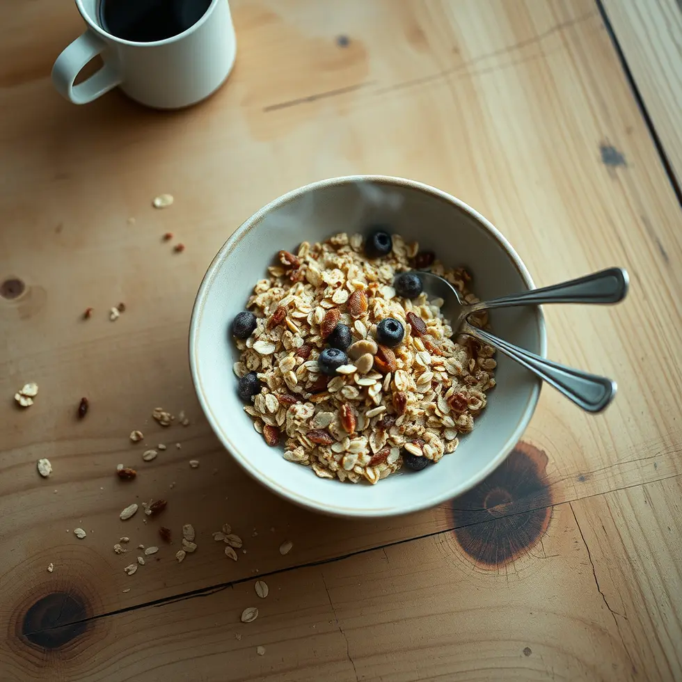 Homemade muesli served in a cozy morning kitchen setting