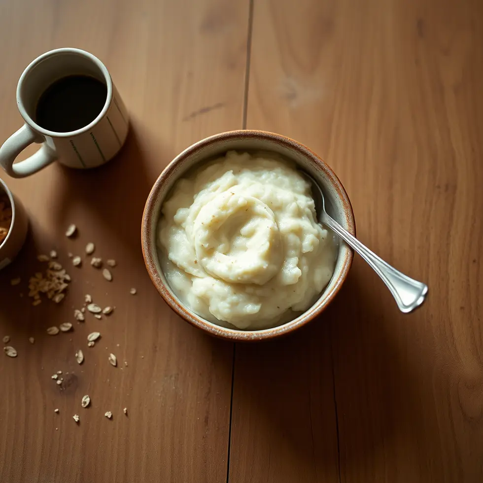 Homemade rice pudding breakfast served in a cozy morning kitchen setting