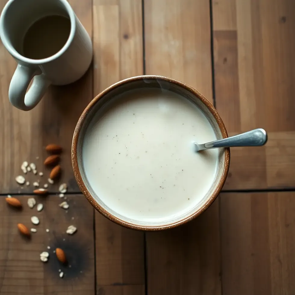 Homemade almond milk smoothie served in a cozy morning kitchen setting