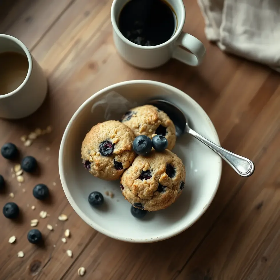 Homemade blueberry muffins served in a cozy morning kitchen setting