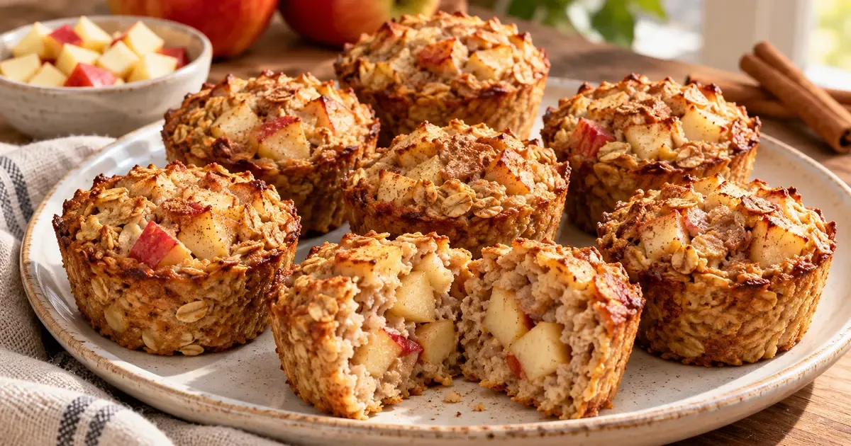 Apple cinnamon baked oatmeal cups with visible diced apple and oats on a breakfast plate