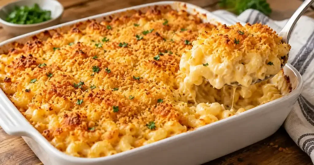 Golden baked macaroni and cheese with a crisp breadcrumb topping and creamy cheddar pasta