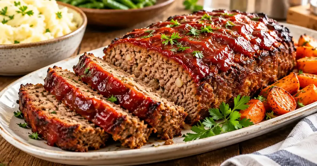 Juicy sliced classic meatloaf with glossy tomato glaze served with roasted carrots and mashed potatoes
