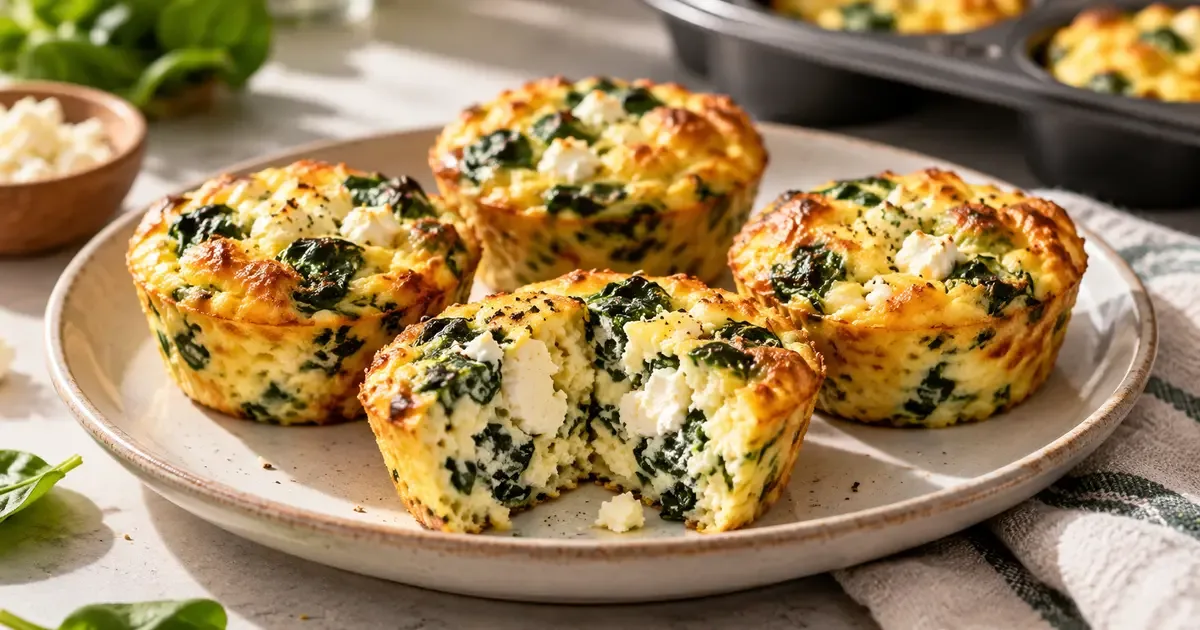 Cottage cheese egg bites with spinach and feta on a breakfast plate, one cut open