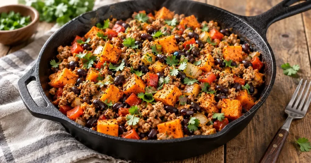 Ground turkey sweet potato skillet with black beans and red pepper in a cast iron pan