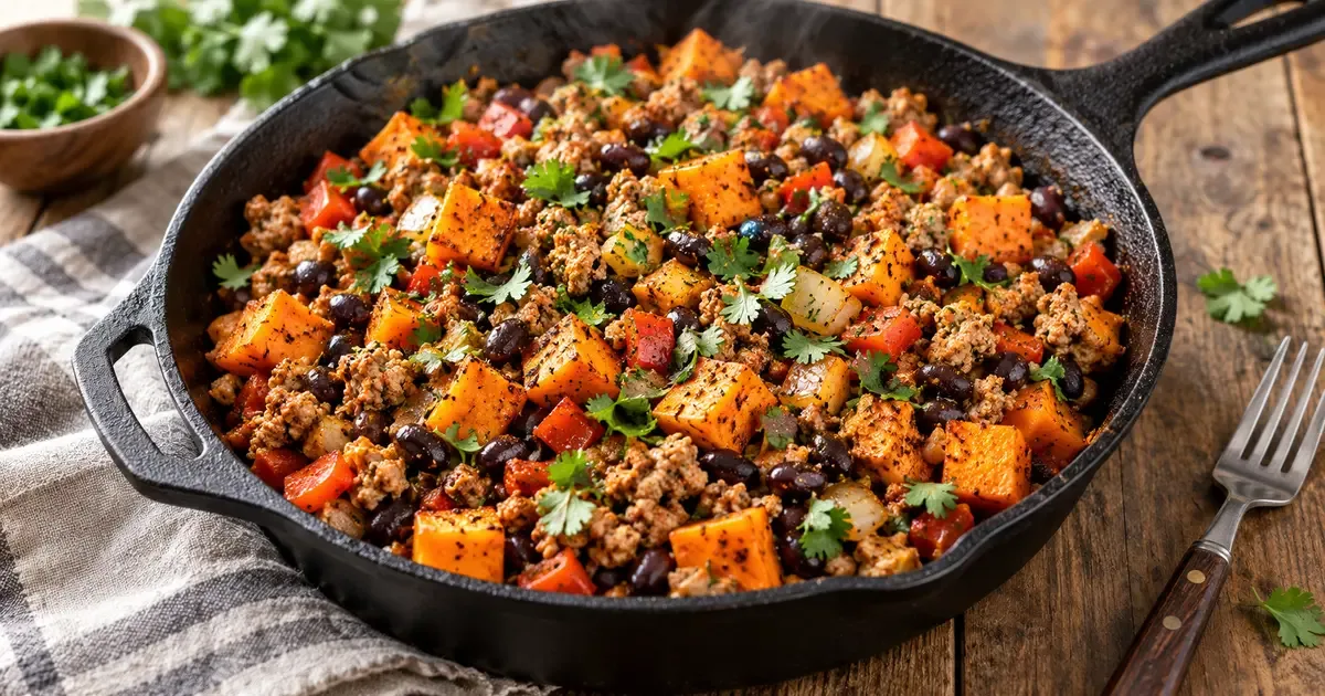 Ground turkey sweet potato skillet with black beans and red pepper in a cast iron pan