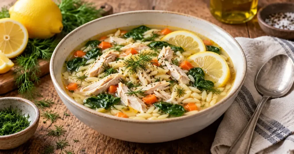 Bowl of lemon chicken orzo soup with shredded chicken, orzo pasta, spinach, and dill