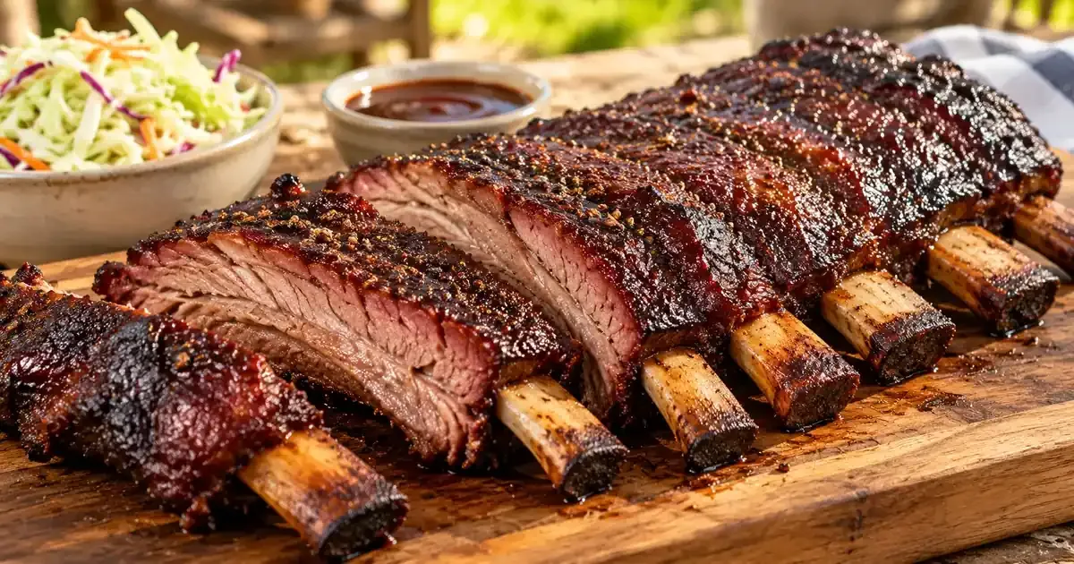 Slow smoked beef back ribs with a dark peppery barbecue bark on a wooden cutting board
